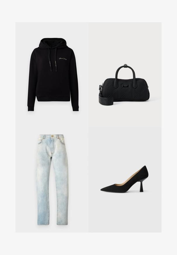 Schwarzer Hoodie aus weichem Material, mit einer Fronttasche, gerippten Bündchen, Kordelzügen und goldenen, gestickten Logo auf der Brust.; Hellblaue Denim-Jeans mit geradem Schnitt, fünf Taschen und Knopfverschluss. Ausgewaschene Textur im gesamten Stoff, mit detaillierten Nähten an den Säumen.; Schwarze Wildleder-Pumps mit hohem Absatz und spitzer Zehenform, ausgestattet mit einem glänzenden schwarzen Blockabsatz und einem glatten Innenfutter.; Schwarze, gesteppte, rechteckige Handtasche mit zwei oberen Griffen, abnehmbarem breitem Schulterriemen und kleiner, gebrandeter Metallplatte in der Mitte auf der Vorderseite.
