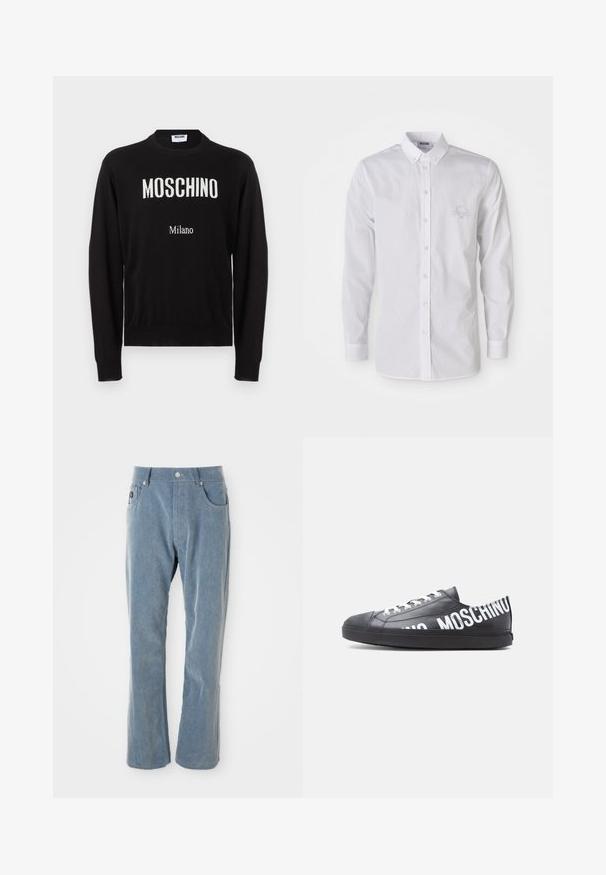 Pull noir à manches longues avec col rond, avec le texte blanc "MOSCHINO" et un plus petit "Milano" sur le devant.; Chemise blanche à manches longues, à col boutonné, avec un logo brodé discret sur la poitrine gauche.; Pantalon en velours côtelé bleu clair avec fermeture à bouton et à glissière, poches avant et jambes droites sur fond blanc.; Baskets basses noires avec des lacets blancs et "MOSCHINO" imprimé en grandes lettres blanches sur le côté et le talon.