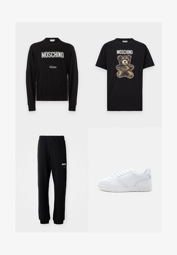 Pull noir à manches longues avec col rond, avec le texte blanc "MOSCHINO" et un plus petit "Milano" sur le devant.; T-shirt en coton noir avec un graphisme d'ours marron à texture vintage. Le texte "MOSCHINO" est inscrit en lettres blanches épaisses au-dessus de l'ours.; Pantalons de survêtement noirs à coupe décontractée, fabriqués en tissu doux. Dotés d'une taille élastique et du logo blanc "Moschino" sur la cuisse gauche.; Baskets blanches basses avec design à lacets, dessus synthétique lisse et semelle en caoutchouc motif sur un fond clair uni.