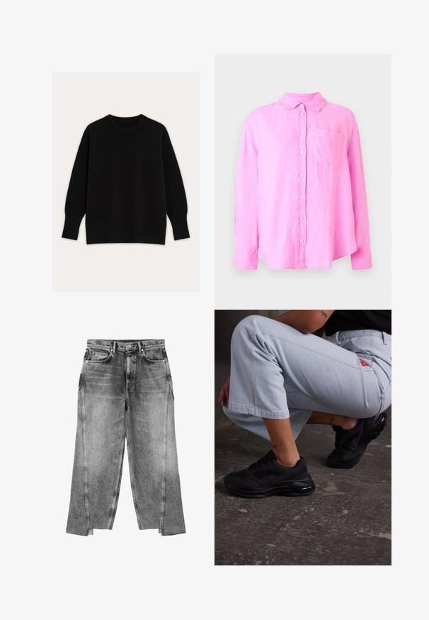 Sort strikket sweater med rund halsudskæring, faldende skuldre samt ribstrikkede manchetter og kant. Glat tekstur med en løs pasform.; Langærmet lyserød skjorte med knapper, krave og brystlomme, vist på en ensfarvet lys baggrund.; Grå vide cowboybukser med forlommer, bæltestropper, knaplukket linning og små slidser ved kanterne.; Sorte atletiske sneakers med en tekstureret overdel, tykk sål og luftdæmpning. Parret med lyseblå cropped bukser i en afslappet stilling.