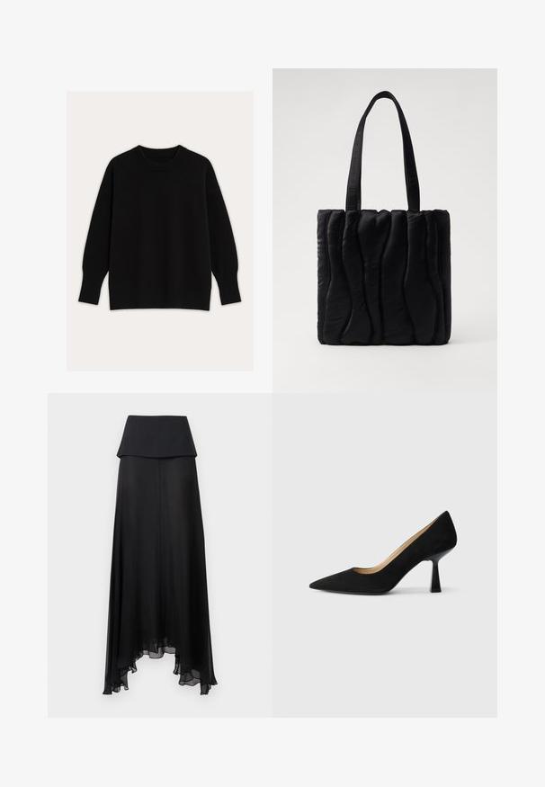 Sort strikket sweater med rund halsudskæring, faldende skuldre samt ribstrikkede manchetter og kant. Glat tekstur med en løs pasform.; Sort maxinederdel med høj talje, lagdelt taljebånd og asymmetrisk, gennemsigtigt skørt med bløde flæser.; Sorte ruskinds højhælede pumps med spids tå, der har en blank sort blokhæl og en glat indvendig foring.; Sort totebag lavet af polstret stof, med en bølget tekstur, to robuste håndtag og en rektangulær form. Enkel, moderne design.