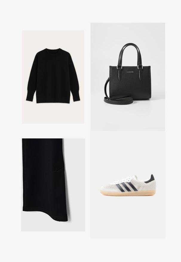 Pull noir en tricot avec un col rond, des épaules tombantes, et des poignets et ourlet côtelés. Texture lisse avec une coupe ample.; Pantalons de sport noirs avec une texture lisse, un ourlet incurvé, une poche latérale et des coutures contrastées, conçus pour le confort et la mobilité.; Baskets en maille blanche avec un design à trois bandes noires, bout arrondi et semelle en caoutchouc gomme. Dotées d'un col de talon souple et d'une fermeture à lacets.; Sac à main en cuir noir texturé avec des poignées courtes et une bandoulière amovible. Doté d'un logo "LACOSTE" en argent à l'avant.