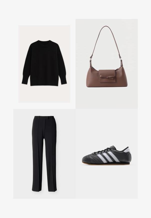 Pull noir en tricot avec un col rond, des épaules tombantes, et des poignets et ourlet côtelés. Texture lisse avec une coupe ample.; Pantalon noir à jambes droites en tissu lisse, avec deux plis sur le devant, un devant plat et une ceinture standard avec passants pour ceinture.; Baskets de sport en cuir noir avec des rayures blanches, bout rond, semelle plate et fermeture à lacets. Comprend des perforations pour la respirabilité.; Sac à bandoulière en cuir marron avec une poche à rabat avant ornée d'un détail en forme de nœud cousu et une sangle réglable.