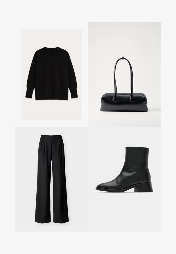 Sort strikket sweater med rund halsudskæring, faldende skuldre samt ribstrikkede manchetter og kant. Glat tekstur med en løs pasform.; Sorte bukser med høj talje, vide ben, for-ploer og sidelommer, vist mod en ensfarvet lys baggrund.; Sort ankelstøvle lavet af blank læder, med et strømlinet design, spids tå og en moderat blokhælhøjde for stabilitet.; Osoi BOAT WIDE - Håndtasker - black