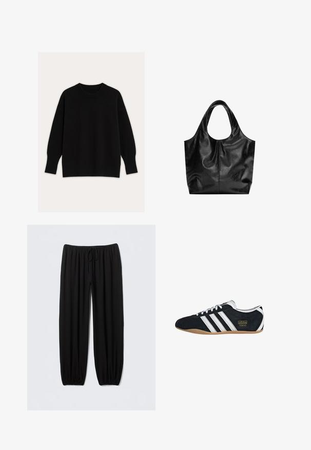 Sort strikket sweater med rund halsudskæring, faldende skuldre samt ribstrikkede manchetter og kant. Glat tekstur med en løs pasform.; Sorte, løstsiddende bukser lavet af blødt stof; har en elastisk talje med justerbar snøre, tilspidsede ankler og ingen mønstre.; Sort ruskinds sneaker med hvide tre striber, guldlogo og en brun gummisål. Har et lavprofil snørebåndsdesign.; Sort læder tote taske med en glat overflade, en blød, afrundet top og brede håndtag. Har minimal syning og en afslappet silhuet.