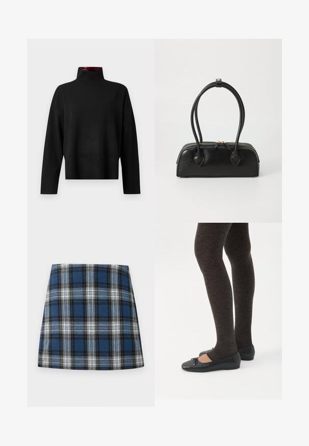 Sort turtleneck sweater, lavet af blødt strikstof. Har en ribbet krave og manchetter, med en afslappet pasform og cropped længde.; Blåternet skørt med et varieret ternmønster i blå, sort og hvid. Fremstillet af et struktureret stof med en tætsiddende silhuet.; Ben iført mørke ribbede leggings kombineret med sorte balletsko med små sløjfedetaljer på hvid baggrund.; Sort læder håndtaske med to langstrakte håndtag, lynlåslukning og afrundet form; glat tekstur med en subtil blank finish.