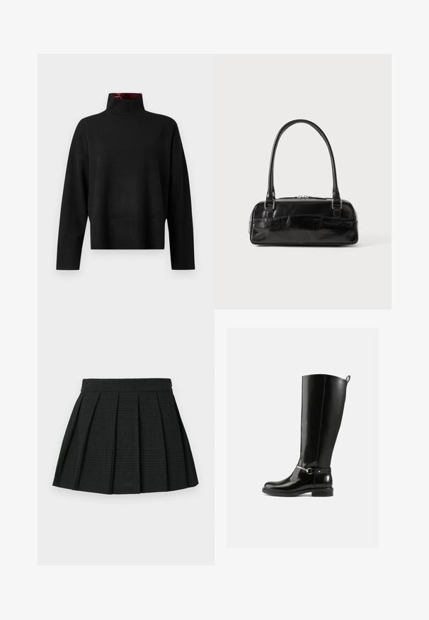 Pull à col roulé noir, fabriqué en tissu tricot doux. Doté d'un col et de poignets côtelés, avec une coupe décontractée et une longueur courte.; Jupe plissée noire en tissu texturé. Dispose d'une taille et d'un léger motif écossais tout au long. Longueur courte avec des plis superposés.; Bottes noires montantes en cuir verni, avec un détail de boucle argentée à la cheville et une conception à bout arrondi. Semelle plate.; Sac à main en cuir noir de forme rectangulaire, doté d'une seule ansse structurée, de quincaillerie argentée et d'une fermeture éclair. Texture lisse.