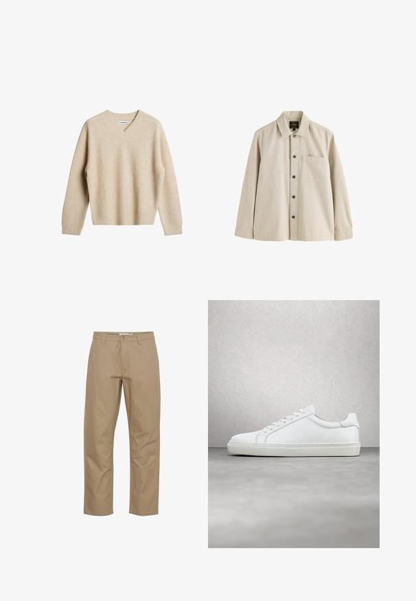 Beige, ribbet striktrøje med V-hals og lange ærmer. Har en afslappet pasform og tekstureret stof for ekstra varme og komfort.; Beige langærmet skjorte med knapper, krave og en brystlomme, lavet af et robust stof.; Beige bomuldsbukser med lige ben-design, der har en frontknap og lynlås lukning, sidelommer og et rent finish.; Hvide sneakers med en glat læderoverdel og lav profil. Har en rund tå, seks snørehuller og en tekstureret gummisål.