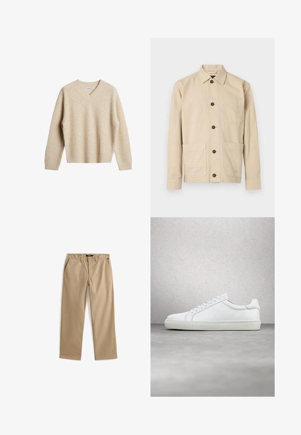 Suéter de punto acanalado beige con escote en V y mangas largas. Presenta un ajuste relajado y una tela texturizada para mayor calidez y comodidad.; Chaqueta de trabajo color beige claro, tela de algodón, cierre frontal con botones, cuello puntiagudo, dos bolsillos en el pecho, dos bolsillos inferiores, botones marrones, detalles cosidos.; Pantalones chinos beige de pierna recta hechos de tela de algodón ligera. Presentan dos bolsillos delanteros y cierre de botón. Textura suave, detalles mínimos.; Zapatilla blanca con parte superior de cuero liso y perfil bajo. Presenta una puntera redondeada, seis ojales y una suela de goma texturizada.