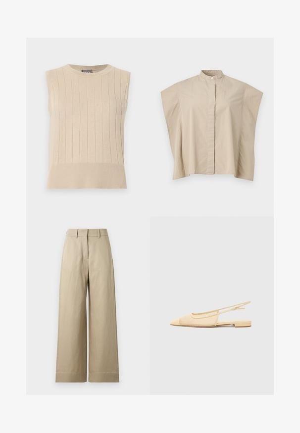 Pull beige sans manches en maille avec un motif côtelé vertical et un ourlet large, comprenant un col rond.; Chemise beige à manches courtes avec col mandarin, coupe carrée et patte de boutonnage cachée, présentée sur fond blanc.; Pantalon beige à jambes larges avec passants pour ceinture, poches avant et fermeture éclair avant dissimulée avec un crochet.; Chaussure plate slingback en beige clair avec une tige en maille, un bout pointu et un petit talon. Dotée d'une sangle ajustable pour un bon maintien.
