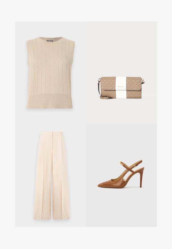 Pull beige sans manches en maille avec un motif côtelé vertical et un ourlet large, comprenant un col rond.; Pantalon taille haute à jambes larges en tissu beige clair avec plis devant et ceinture avec passants.; Escarpin à talon haut en cuir marron avec bride arrière, bout pointu, doté de brides croisées et d'un talon en bois texturé. Accent doré sur la bride.; Pochette Michael Kors marron et beige avec une bande verticale blanche, un logo doré et une sangle de poignet amovible sur fond uni.