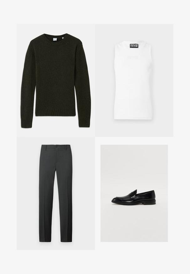 Mørkegrøn strikket sweater med rund halsudskæring, ribbedeærmer og kant. Blød tekstur, lange ærmer og enkelt design uden mønstre.; Hvid ærmeløs ribbet top med Versace Jeans Couture-mærke ved halsudskæringen og subtilt præget logo på brystet.; Skræddersyede mørkegrå bukser lavet af et glat stof. Har en knaplukning, bæltestropper og lige ben for en klassisk pasform.; Sorte læder loafers med rund tå, subtil syning og en glat overflade. Har en lav stablet hæl og en strop over vamsen.