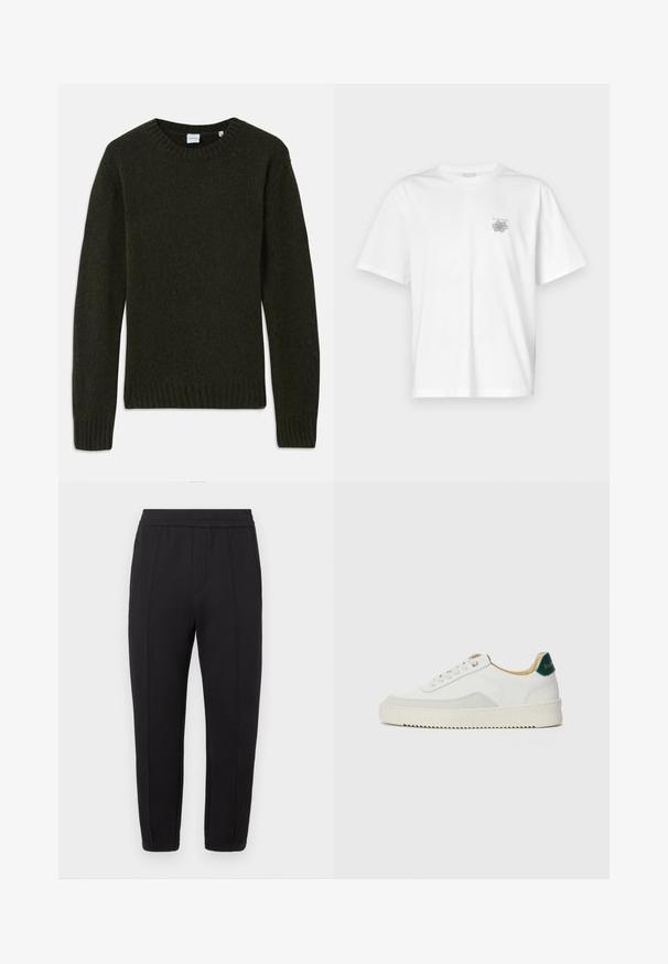 Mørkegrøn strikket sweater med rund halsudskæring, ribbedeærmer og kant. Blød tekstur, lange ærmer og enkelt design uden mønstre.; Hvid t-shirt lavet af bomuld med korte ærmer, rund halsudskæring og et lille gråt logo på venstre brystområde. Glat tekstur.; Sorte joggingbukser med elastisk taljebånd, konisk benindretning, frontplisseringer, sidelommer og elastiske manchetter ved anklerne.; Hvide sneakers med ruskindsdetaljer, rund tå, flade snørebånd og en cremet gummisål. Har grøn branding på hælen.