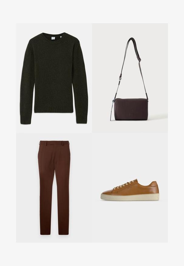 Mørkegrøn strikket sweater med rund halsudskæring, ribbedeærmer og kant. Blød tekstur, lange ærmer og enkelt design uden mønstre.; Brune skræddersyede slim-fit bukser med bæltestropper, flad front og sidelommer, præsenteret mod en hvid baggrund.; Lavtop brun læder sneaker med cremefarvede snørebånd og tyk cremefarvet gummisål vist i sideprofil på hvid baggrund.; Mørkebrun textured læder crossbody taske med justerbar rem og lille dekorativ blå accent på siden.