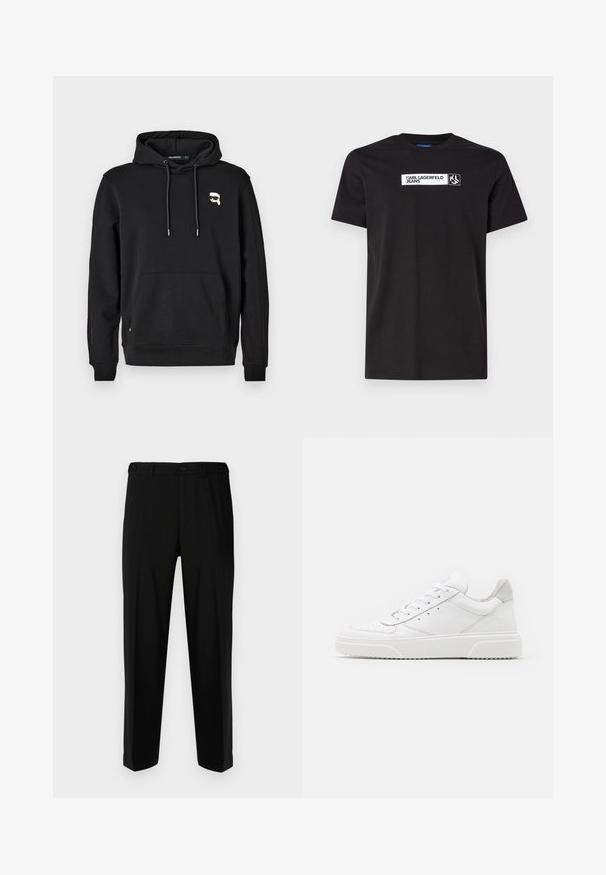 Schwarzer Hoodie mit einer Kängurutasche, einer Kapuze mit Kordelzug und Logo-Detail auf der linken Brust. Hergestellt aus weichem Stoff mit gerippten Bündchen und Saum.; Schwarzes Baumwoll-T-Shirt mit kurzen Ärmeln, das ein weißes Textgrafik-Label mit der Aufschrift "KARL LAGERFELD JEANS" und ein Logo aufweist, Rundhalsausschnitt.; Schwarze Hosen aus glattem Stoff, mit geradem Schnitt, zwei vorderen Taschen und einem Reißverschluss mit Knopfverschluss.; Weiße Leder-Sneaker mit glatter Oberfläche, rundem Zehenbereich, flachen Schnürsenkeln und strukturiertem Schuhsohlen. Graues Wildleder-Detail an der Ferse.