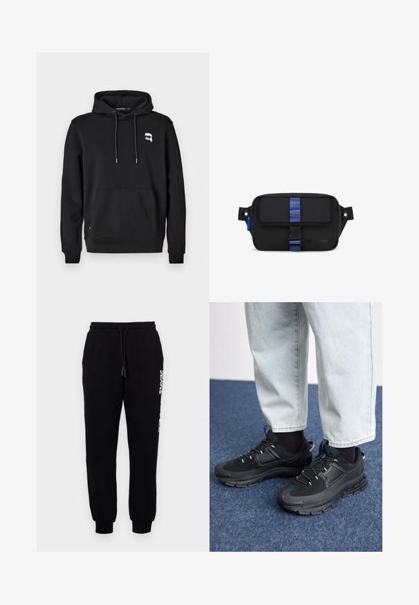 Sort hættetrøje med en frontlomme, snoretræk i hætten og logo-detajle på venstre bryst. Fremstillet af blødt stof med ribbede manchetter og kant.; Sorte sweatpants lavet af blødt stof, med en elastisk talje og snøre, tapered ben og et logo langs siden.; Sorte træningssko med tekstureret stof og gummisåler, udstyret med elastiske snørebånd og en blå detalje på hælen. Bæres med lyse denimbukser.; Sort stofpose med rektangulær form, der har en blå rem og spænde, sideløkke og præget logo på fronten.
