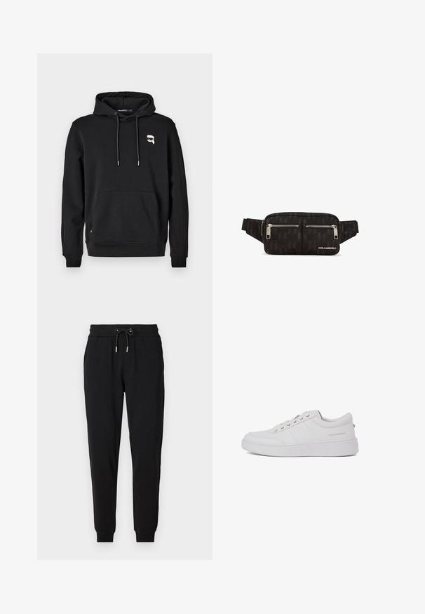 Sort hættetrøje med en frontlomme, snoretræk i hætten og logo-detajle på venstre bryst. Fremstillet af blødt stof med ribbede manchetter og kant.; Sorte sweatpants med elastisk talje, justerbar snor, sidelommer og tapered ben. Fremstillet af blødt, strækbart stof.; Hvide lædersneakers med et klassisk lavtop-design, flad sål og subtilt brandlogo på hælen. Har fem metaløjer til snørebånd.; Sort stof bæltepose med et struktureret mønster, to frontlomme med lynlås, sølv hardware detaljer og justerbar rem. Logo på fronten.