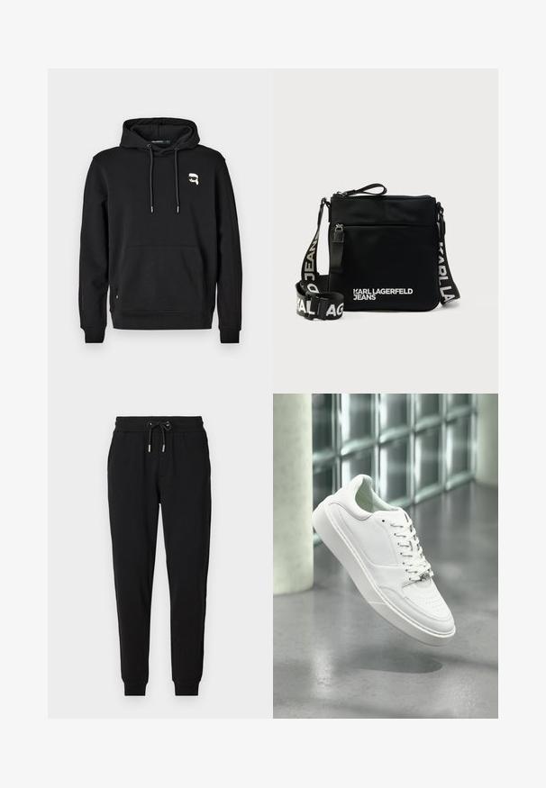 Schwarzer Hoodie mit einer Kängurutasche, einer Kapuze mit Kordelzug und Logo-Detail auf der linken Brust. Hergestellt aus weichem Stoff mit gerippten Bündchen und Saum.; Schwarze Sweatpants mit elastischem Bund, verstellbarem Kordelzug, Seitentaschen und schmal zulaufenden Beinen. Hergestellt aus weichem, dehnbarem Stoff.; Weißer Ledersneaker mit abgerundeter Spitze, Schnürverschluss und flacher Gummisohle. Verfügt über perforierte Details und dezentes Logo-Akzent.; Schwarze Umhängetasche aus Nylon mit Reißverschluss, mit einem Logo-Riemen und weißem Schriftzug "KARL LAGERFELD JEANS" auf der Vorderseite. Strukturierte Oberfläche.