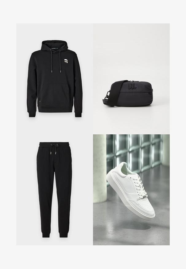 Sudadera negra con bolsillo frontal, capucha con cordones y detalle del logo en el lado izquierdo del pecho. Fabricada en tela suave con puños y dobladillo acanalados.; Pantalones deportivos negros con cintura elástica, cordón ajustable, bolsillos laterales y piernas ajustadas. Fabricados con un tejido suave y elástico.; Zapatilla deportiva de cuero blanco con punta redondeada, cierre frontal con cordones y suela plana de goma. Presenta detalles perforados y un sutil acento con el logo.; Bolsa cruzada de nylon negro con una textura suave, cierre de cremallera, correa ajustable y detalle de logo embossado en la parte frontal.