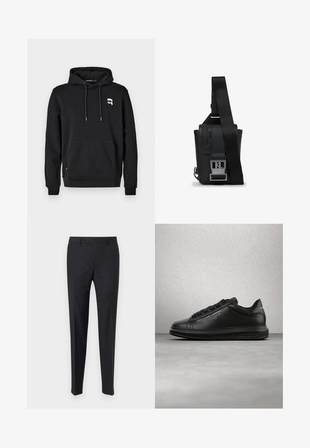 Must mustaga, millel on eesmine tasku, nööriga kapuuts ja logo detail vasakul rinnal. Valmistatud pehmest kangast, millel on soonikkoes varrukad ja äär.; Mustad mustad püksid, mis on hoolikalt lõigatud, tasasel ees, volditud jalgadega; valmistatud siledast kangast, vöökohtadega ja tõmblukuga.; Inimene, kes kannab musti Karl Lagerfeld tossusid ja musti pükse, seisab puidust parketipõrandal valge paneelseinaga taustal.; Must mustra kott, mis on valmistatud siledast nahast, reguleeritava rihmaga, graveeritud logoga ja metallist sulgemisseadmega.