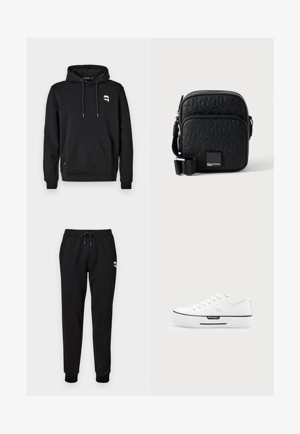 Sudadera negra con bolsillo frontal, capucha con cordones y detalle del logo en el lado izquierdo del pecho. Fabricada en tela suave con puños y dobladillo acanalados.; Pantalones de chándal negros con cintura elástica y cordón ajustable. Presentan puños acanalados y un pequeño detalle gráfico en la parte superior de la pierna.; Zapatilla blanca de caña baja con suela gruesa, cordones en la parte delantera, detalle de raya negra y logo de Karl Lagerfeld en el lateral y en la lengüeta del talón.; Bolso bandolera negro texturizado con patrón en relieve, bolsillo delantero con cremallera, correa ajustable y placa con el logo "Karl Lagerfeld Jeans".
