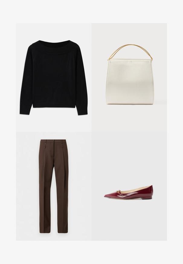 Sort sweater med en bred, rund halsudskæring, lange ærmer og en glat, blød tekstur. Har et minimalistisk design uden synlige mønstre.; Brune skræddersyede bukser med lige ben, bæltestropper og frontrynker, vist på en ensfarvet hvid baggrund.; Bordeaux patenteret læderballerinaer med spids tå, der har en lille udskæring og en lav hæl. Glat tekstur og elegant design.; Struktureret taske i satinfinish, cremefarvet, med en kæde til skulderrem. Har en flad, glat tekstur og rene syninger.