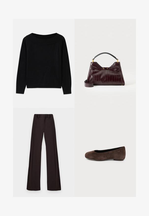 Sort sweater med en bred, rund halsudskæring, lange ærmer og en glat, blød tekstur. Har et minimalistisk design uden synlige mønstre.; Breddebenede bukser lavet af mørkt stof, med en glat tekstur, bæltestropper og en midtersøm foran, samt et enkelt, udekoreret design.; Brun ruskind flad sko med rundet tå og lav hæl, vist i sideprofil på ensartet lys baggrund.; Mørk bordeaux læderhåndtaske med tekstureret mønster, sort topgreb, guldfarvet hardware og aftagelig skulderrem på hvid baggrund.