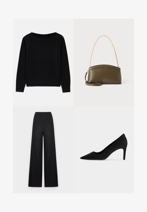 Pull noir avec un large décolleté arrondi, des manches longues et une texture lisse et douce. Présente un design minimaliste sans motifs visibles.; Pantalon noir à jambes larges en lin avec une texture lisse, présentant une taille haute, des plis à l'avant, sans éléments ou accessoires visibles.; Chaussure à talon haut noire à bout pointu avec un talon fin et une finition mate et lisse, vue de profil sur fond blanc.; Sac à main Michael Kors vert olive avec bandoulière en chaîne dorée, dessus courbé et petit logo doré sur le devant, présenté sur fond blanc.