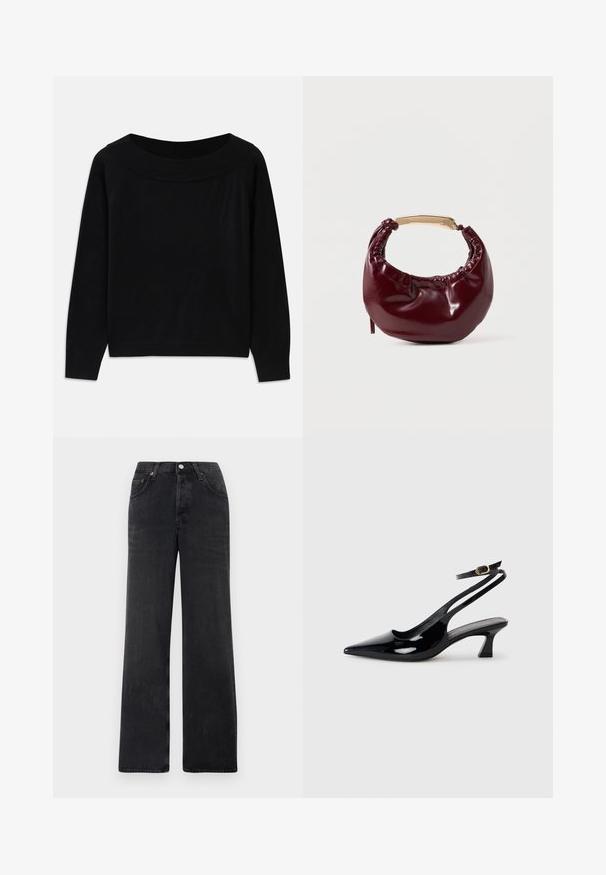 Sort sweater med en bred, rund halsudskæring, lange ærmer og en glat, blød tekstur. Har et minimalistisk design uden synlige mønstre.; Sorte brede jeans lavet af denim. Har en høj talje, to forlommer og en knaplukning med kobberdetaljer.; Sorte patenterede læderslingbacks med spidse tæer, lav blokhælt og justerbar ankelrem med guldspænde.; Bordeaux farvet faux læder handbag med en afrundet form, samling detaljer og et guldtonet metalhåndtag. Glat tekstur og blank finish.