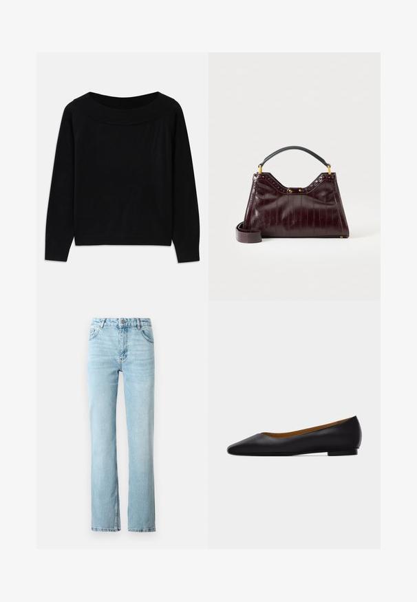 Pull noir avec un large décolleté arrondi, des manches longues et une texture lisse et douce. Présente un design minimaliste sans motifs visibles.; Jeans en denim bleu clair avec une coupe droite, un design à cinq poches et un léger évasement à l'ourlet. Fini avec des coutures contrastantes.; Chaussure plate en cuir noir à bout pointu avec talon bas et finition lisse, vue de côté sur un fond gris clair.; Sac à main en cuir bordeaux foncé avec motif texturé, poignée supérieure noire, accessoires dorés et bandoulière amovible sur fond blanc.