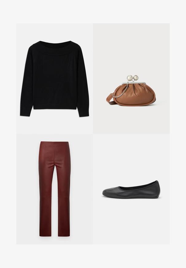 Pull noir avec un large décolleté arrondi, des manches longues et une texture lisse et douce. Présente un design minimaliste sans motifs visibles.; Pantalon en similicuir bordeaux à coupe slim, présentant une texture lisse, une coupe droite et aucun élément métallique ou accent visible.; Ballerines en cuir noir avec un bout rond, texture lisse, détails de couture minimalistes et design de semelle flexible.; Pochette en cuir marron avec un fermoir à boule en argent et un petit détail en chaîne argentée sur fond blanc.