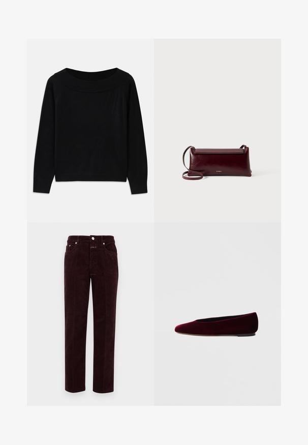 Sort sweater med en bred, rund halsudskæring, lange ærmer og en glat, blød tekstur. Har et minimalistisk design uden synlige mønstre.; Burgunderfarvede fløjl bukser med lige snit, som har forlommer og sølv metaldele. Stoffet har en ribbet tekstur.; Bourgognefarvede balletflade sko i fløjl med rundet tå og lav hæl, med en glat tekstur og elegant design.; Bordeaux læder crossbody taske med en glat tekstur, rektangulær form, flaplukning og en tynd justerbar rem. Guldlogo detalje synlig.