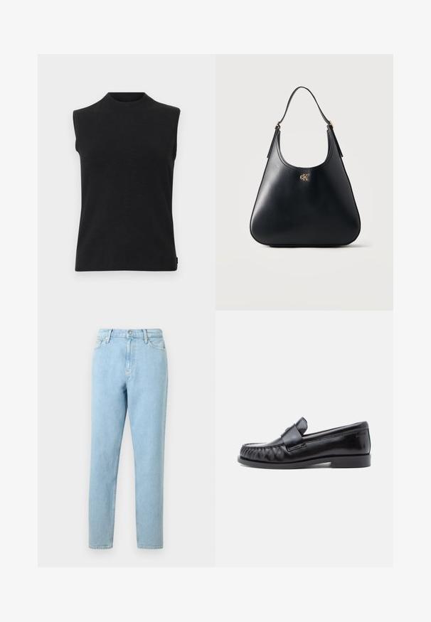 Haut en tricot sans manches noir avec un col rond haut et un ourlet droit sur fond blanc.; Jeans en denim bleu clair avec une coupe droite, design à cinq poches et fermeture à bouton. Présente un léger dégradé et une texture lisse.; Mocassins en cuir noir avec un bout arrondi, une couture distinctive et une bride décorative sur le cou-de-pied. Finition lisse et talon bas.; Sac à main en cuir noir avec une seule bandoulière et un logo "cK" doré centré près du haut, présenté sur un fond clair uni.