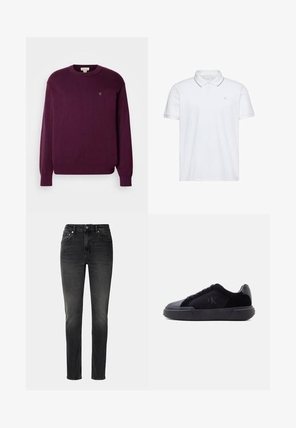 Paarse gebreide trui met lange mouwen, ronde hals, geribbelde zoom en manchetten, en een klein CK-logo op de borst. Gladde textuur.; Witte polo met korte mouwen, twee knopen, grijze bies aan kraag en manchetten en klein "ck" logo geborduurd op de borst.; Zwarte spijkerbroeken van denim, met een rechte snit, vijf zakken en een knoopsluiting. Lichte vervaging voegt textuur toe aan de stof.; Zwarte lage sneaker met dikke zool, veters aan de voorkant en een subtiel "cK"-logo op het zijpaneel.