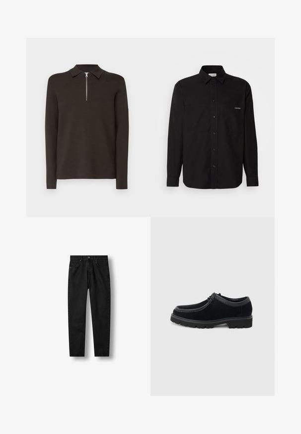 Donkerbruin poloshirt met lange mouwen, een kraag en een korte zilveren ritssluiting. Gemaakt van een gladde, zachte stof. Geen patronen of accenten.; Zwarte lange mouwen shirt van katoen, met een knoopsluiting aan de voorkant, twee borstzakken en een klein logo op de linkse zak.; Zwarte denim jeans met rechte pijpen, vijfzakkenmodel, knoop- en ritssluiting, plat liggend op een witte achtergrond.; Zwarte suède veterboot met dikke rubberen zool en afgeronde neus, zijaanzicht op een lichtgrijze achtergrond.