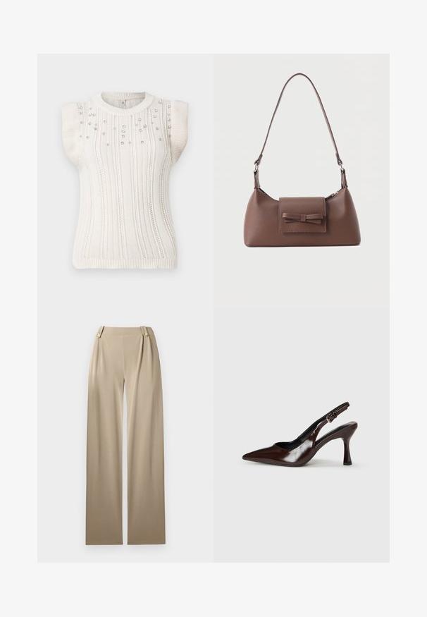 Pull sans manches en tricot de couleur blanc cassé avec des côtes verticales, agrémenté de petites perles décoratives à l'avant, encolure arrondie et ourlet ajusté.; Pantalons large en beige avec une texture lisse, présentant deux boutons décoratifs à la taille et des plis subtils pour plus de détails.; Talons slingback en cuir verni brun avec un bout pointu, un talon fin, et une sangle réglable avec une petite boucle.; Sac à bandoulière en cuir marron avec une poche à rabat avant ornée d'un détail en forme de nœud cousu et une sangle réglable.