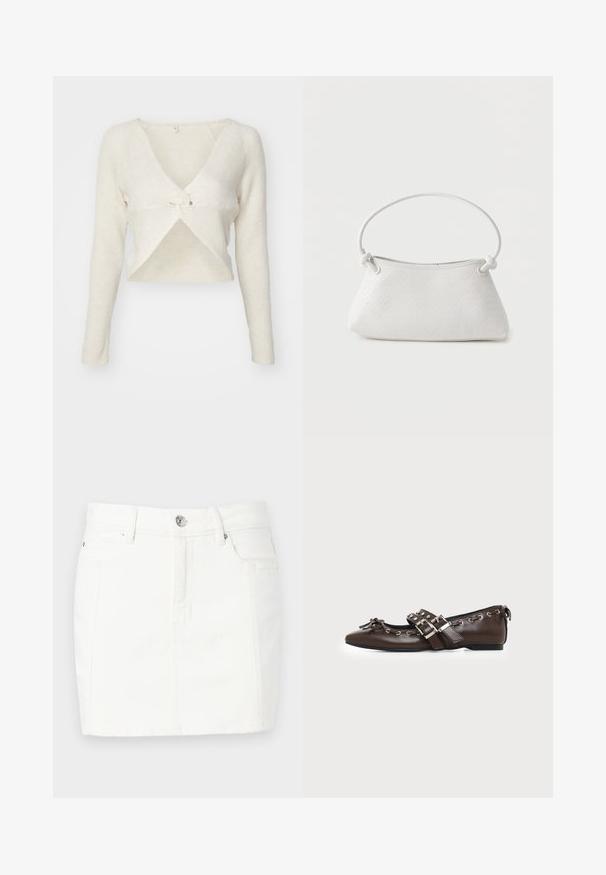 ONLY ONLLARISA V NECK - Pullover - cloud dancer; Jupe en denim blanc au design ajusté, avec une fermeture à boutons sur le devant, deux poches latérales et une longueur mi-cuisse. Texture lisse.; Chaussure plate en cuir marron foncé avec bout pointu, doubles brides à boucles argentées, œillets métalliques et nœud décoratif à l'avant.; Sac à main en cuir tressé blanc avec poignée arrondie et extrémités de lanière nouées, présenté sur un fond uni.