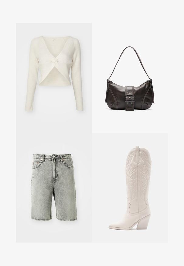 ONLY ONLLARISA V NECK - Pullover - cloud dancer; Shorts en denim gris avec un design classique à cinq poches, une finition délavée et des surpiqûres au bas et à la taille.; Bottine de cowboy en cuir blanc avec un bout pointu et un talon bloc. Présente des motifs de broderie complexes sur la tige et une texture lisse.; Sac à épaule en cuir marron avec une forme courbée, présentant un détail de boucle proéminent, des coutures contrastantes et une seule bandoulière.