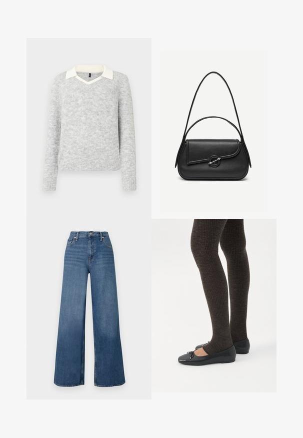 Pull en tricot gris clair à manches longues avec détails d'un col V blanc, ourlets et poignets côtelés, présenté sur un fond blanc.; Jeans bleu à jambes larges en denim, avec une taille haute, une fermeture à bouton à l'avant et un design classique à cinq poches. Texture lisse.; Jambes portant des leggings côtelés foncés associés à des ballerines noires avec de petits détails en nœud sur fond blanc.; Sac à main en cuir noir avec bords arrondis, rabat asymétrique, fermoir circulaire en métal, et des bandoulières courtes et longues.