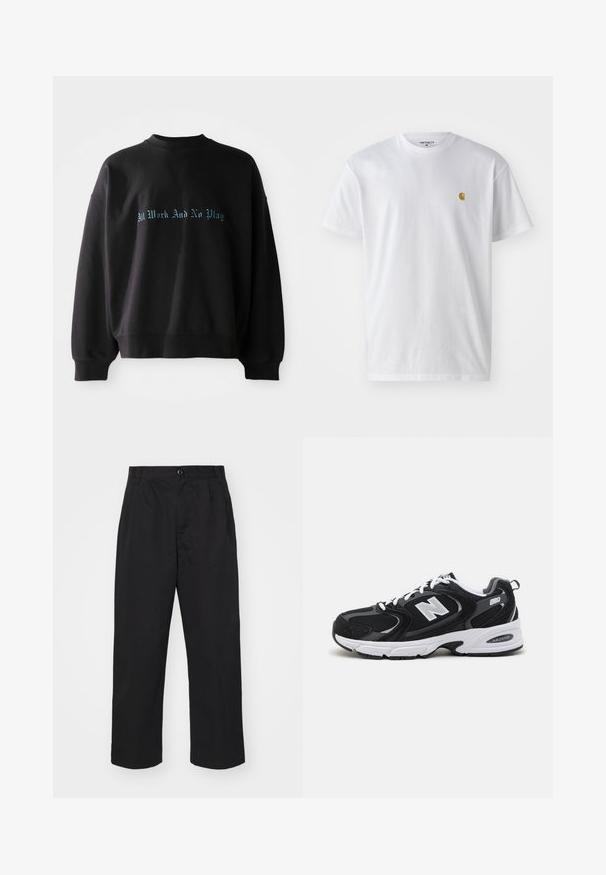 Sort sweatshirt lavet af bomuld, med rund hals og sænkede skuldre. Fronten prydes af teksten "All Work And No Play" i blå skrift.; Hvid bomulds t-shirt med korte ærmer, rund hals og et lille guld logo på venstre brystområde. Blød tekstur og almindelig pasform.; Sorte bomuldsbukser med lige pasform, der har en knaplukning, to frontlommer og en glat tekstur.; Sorte og grå sportssko med mesh og ruskind på overdelen, der har en hvid mellemsål, snørebånd og et iøjnefaldende "N" logo på siden.
