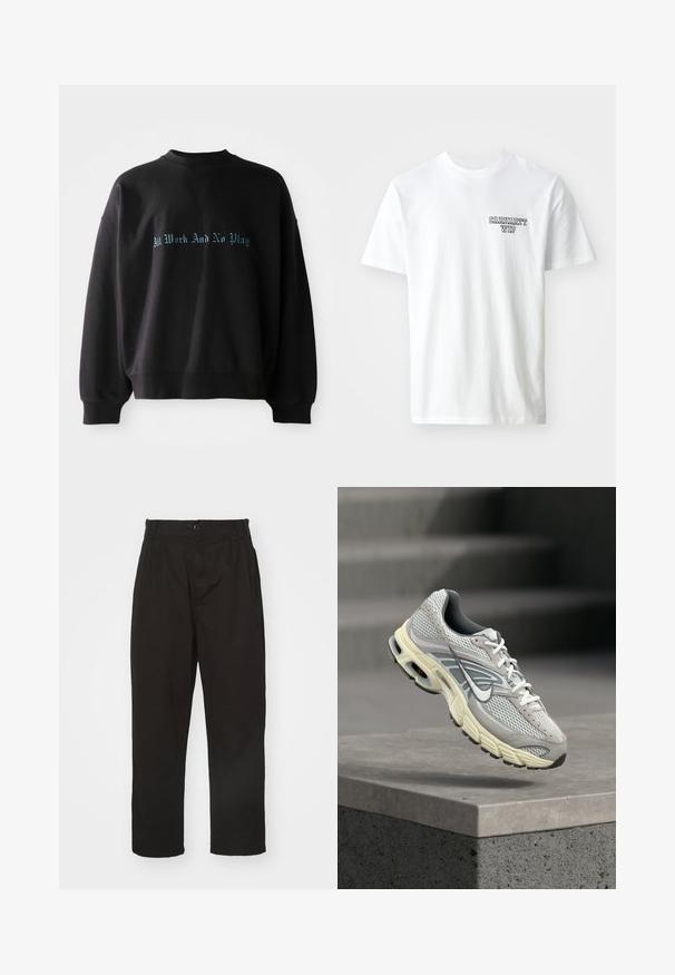 Sort sweatshirt lavet af bomuld, med rund hals og sænkede skuldre. Fronten prydes af teksten "All Work And No Play" i blå skrift.; Hvid bomulds T-shirt med rund halsudskæring. Har et lille blåt tekstlogo "CARHARTT WIP" på venstre bryst. Klassisk pasform, korte ærmer.; Sorte bukser lavet af glat stof, med knaplukning, lige pasform og to frontfolder for ekstra detalje.; Grå og hvid Nike løbesko med polstret sål, svævende over et betontrin i et udendørs miljø.