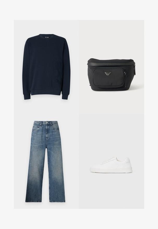 Námornícky crewneck mikina s textúrovaným dizajnom "EAT" na ľavej prednej strane. Vyrobená z mäkkého materiálu, obsahuje manžety a jemný elastický lem.; Modré rifľové nohavice s širokými nohavicami a vysokým pásom, s jemným zosvetlením, piatimi vreckami a kovovým zapínaním vpredu.; Biele tenisky s hladkým koženým zvrškom, zaoblenou špičkou, šnúrkami, textúrovanými bočnými akcentmi a hrubou gumovou podrážkou. Minimalistický dizajn.; Čierna ľadvinka s predným vreckom na zips a strieborným logom orla, hladká látka s textúrovaným lemom a ťaháčikmi zipsu.