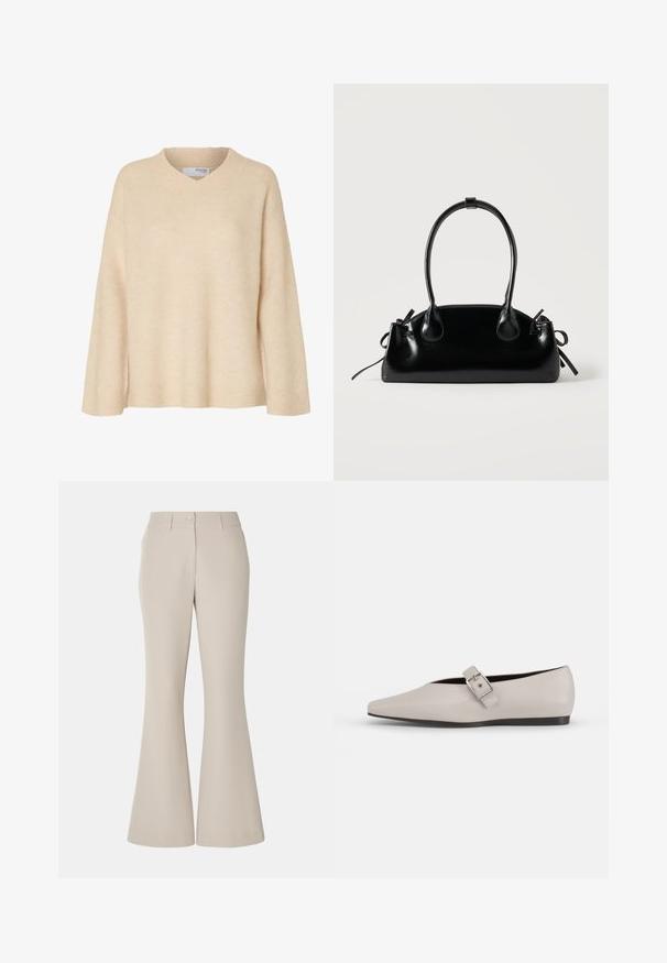 Beige langærmet sweater med V-udskæring og ribstrikket krave, lavet af blødt strikstof, designet til kvinder.; Beige udvidede bukser lavet af glat stof, med frontknaplukning, bæltesløjfer og en skræddersyet silhuet for en tætsiddende pasform.; Beige læder flad sko med spidse tæer, en sidelukning som accent og en lav sort sål. Glat tekstur og minimalistisk design.; Lille sort blank håndtaske med to lange håndtag og snøre-detaljer i siden på en ensfarvet lys baggrund.
