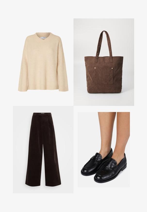 Beige langærmet sweater med V-udskæring og ribstrikket krave, lavet af blødt strikstof, designet til kvinder.; ONLY Tall ONLSVEA NESSA CORD WIDE - Bukser - seal brown; Sorte læderloafer med krokodillestruktur, der har en rund tå og ingen snørebånd, vist på bare ben. Flad sål og lav hæl.; Brun kordfløjl tote taske med to håndtag, en frontlomme og gyldne metalakcenter. En simpel rektangulær form med struktureret stof.