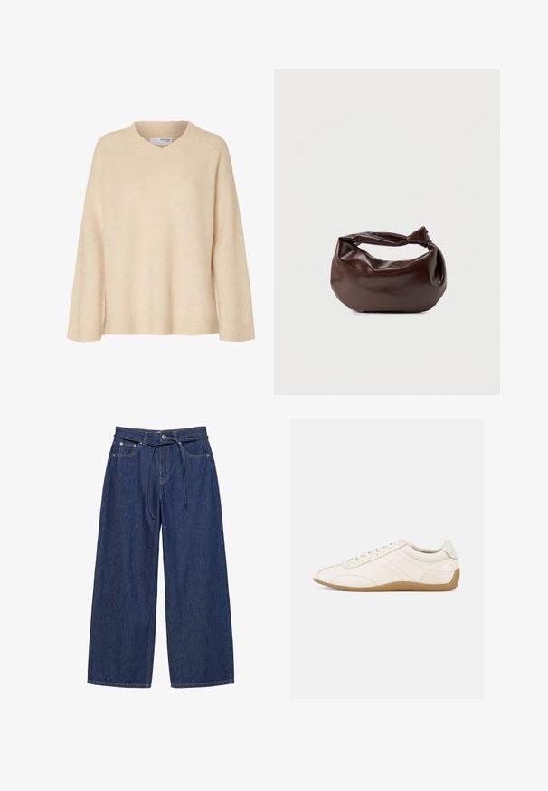 Pull beige à manches longues avec col en V et col côtelé, en tissu tricoté doux, conçu pour les femmes.; Pantalon large en denim bleu foncé avec poches avant, passants pour ceinture, fermeture par bouton, et une fine ceinture assortie en tissu nouée à la taille.; Baskets en cuir blanc à texture lisse, bout arrondi et coutures ton sur ton. Elles comportent une semelle en caoutchouc beige et une fermeture à lacets.; Sac bandoulière en cuir marron foncé avec une forme souple et décontractée et une anse nouée torsadée sur un fond blanc uni.
