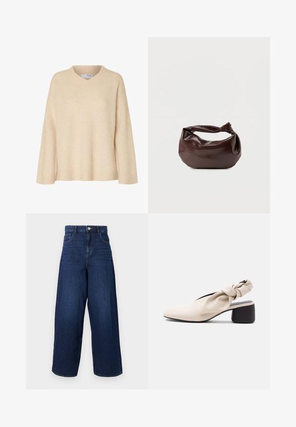 Pull beige à manches longues avec col en V et col côtelé, en tissu tricoté doux, conçu pour les femmes.; Jean en denim bleu foncé à jambes larges, taille haute, cinq poches et fermeture à bouton. Le tissu a une texture lisse avec un léger délavage.; Chaussure beige à talon bas pour femme avec un bout pointu et une sangle torsadée sur le cou-de-pied et le talon.; Sac bandoulière en cuir marron foncé avec une forme souple et décontractée et une anse nouée torsadée sur un fond blanc uni.