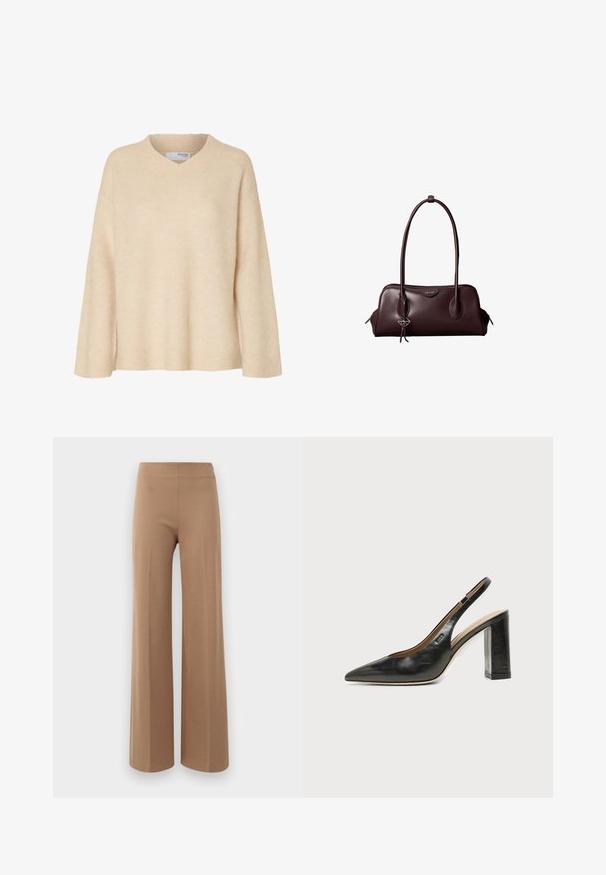 Pull beige à manches longues avec col en V et col côtelé, en tissu tricoté doux, conçu pour les femmes.; Pantalons à jambes larges en tissu extensible beige clair avec une texture lisse et une taille haute élastique. Pas de fermeture ni de poches visibles.; Chaussure slingback en cuir noir à bout pointu avec un talon bloc haut et une doublure intérieure beige sur un fond clair uni.; Sac à main en cuir brun foncé Calvin Klein avec de longues poignées doubles et un petit porte-clé logo suspendu à une poignée.