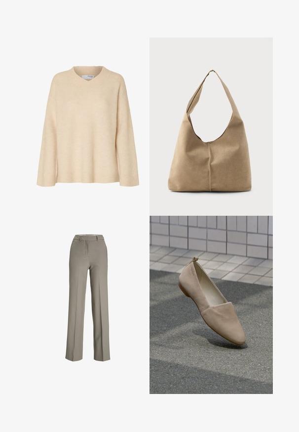 Pull beige à manches longues avec col en V et col côtelé, en tissu tricoté doux, conçu pour les femmes.; Pantalons gris clair à jambes larges en tissu lisse, avec une taille cintrée, des plis sur le devant et des poches latérales.; Chaussure plate beige en matière douce, avec un bout pointu et un design minimaliste. Comprend un petit talon et une boucle à l'arrière.; Sac hobo en suède beige doux avec une forme décontractée, une large bandoulière et un détail de couture à la main sur le devant.