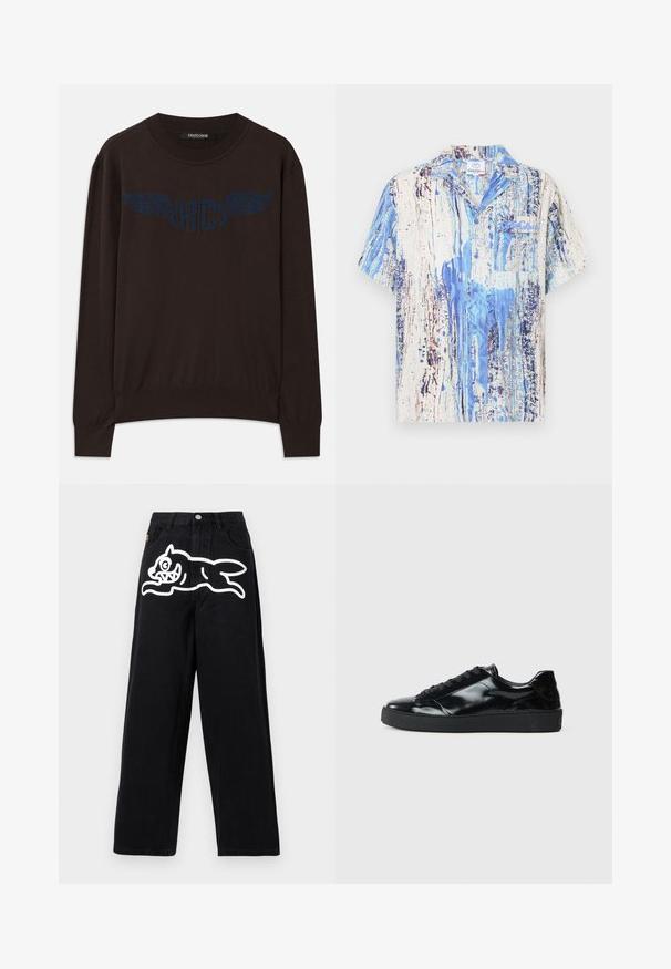Donkerbruine lange mouwen trui met geribde manchetten en zoom, gekenmerkt door een marineblauw "RC" logo met vleugels op de borst en een ronde halslijn.; Knoopoverhemd met korte mouwen, voorzien van een blauw-wit abstract verfpatroon, gemaakt van lichtgewicht stof met een klassieke kraag en een opgestikt zakje.; Zwarte jeans met wijde pijpen, hoge taille en een witte afbeelding van een speelse cartoonhond die over het bovenbeen aan de voorkant lijkt te springen.; Zwarte gepatenteerde leren sneakers met een ronde neus, vetersluiting, een gestructureerde rubberen zool en een glanzende afwerking.