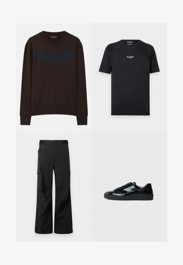 Mørkebrun langærmet sweater med ribbede manchetter og kant, med et marineblåt vinget "RC" logo på brystet og rund halsudskæring.; Sort kortærmet t-shirt lavet af glat stof, med rund hals og et hvidt "SILENCE" logo på brystet.; Sorte cargo-bukser lavet af et glat, vandafvisende stof. Har brede ben, flere sidelommer og en flad talje med diskret branding.; Sorte laklæder sneakers med rund tå, snørredesign, tekstureret gummisål og en glat overflade.